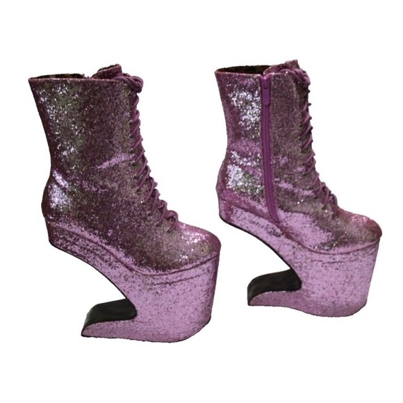Bettie Page Barbie Pink Glitter Sparkle Cutout Platform Lace Up Boots Sz 8 Women - Picture 1 of 10